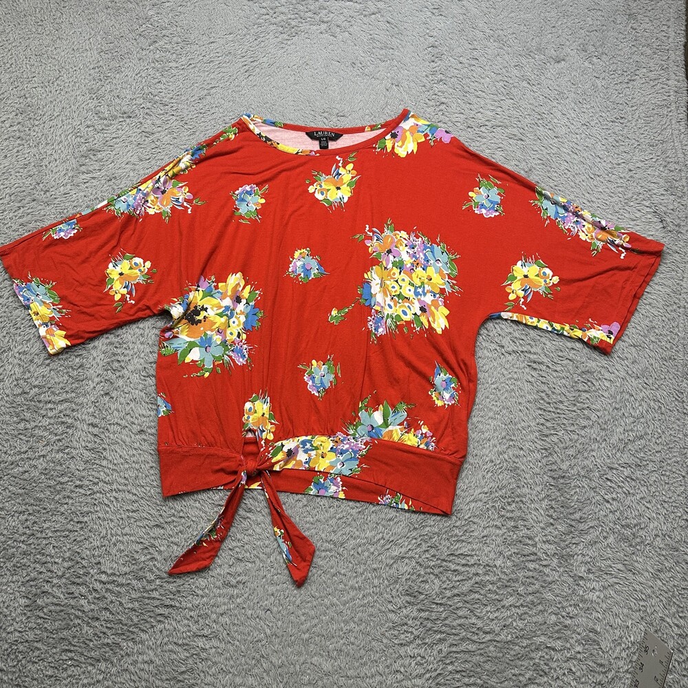 Lauren Ralph Lauren Blouse Womens L Red Floral Beach Summer Shirt Tie Front